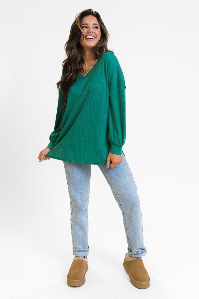 Sending Love Evergreen Oversized Waffle V-Neck Top FINAL SALE Product Image