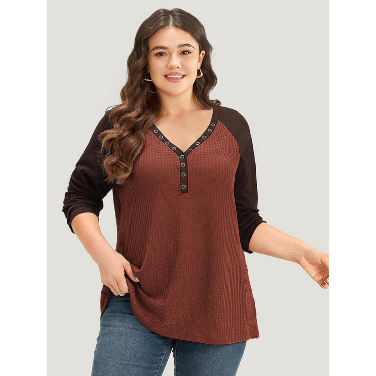 Plus Size Waffle Knit Raglan Sleeve Metal Buckle Detail T-shirt SlateGray Women Casual Contrast Plain Everyday T-shirts BloomChic 30/6X Product Image