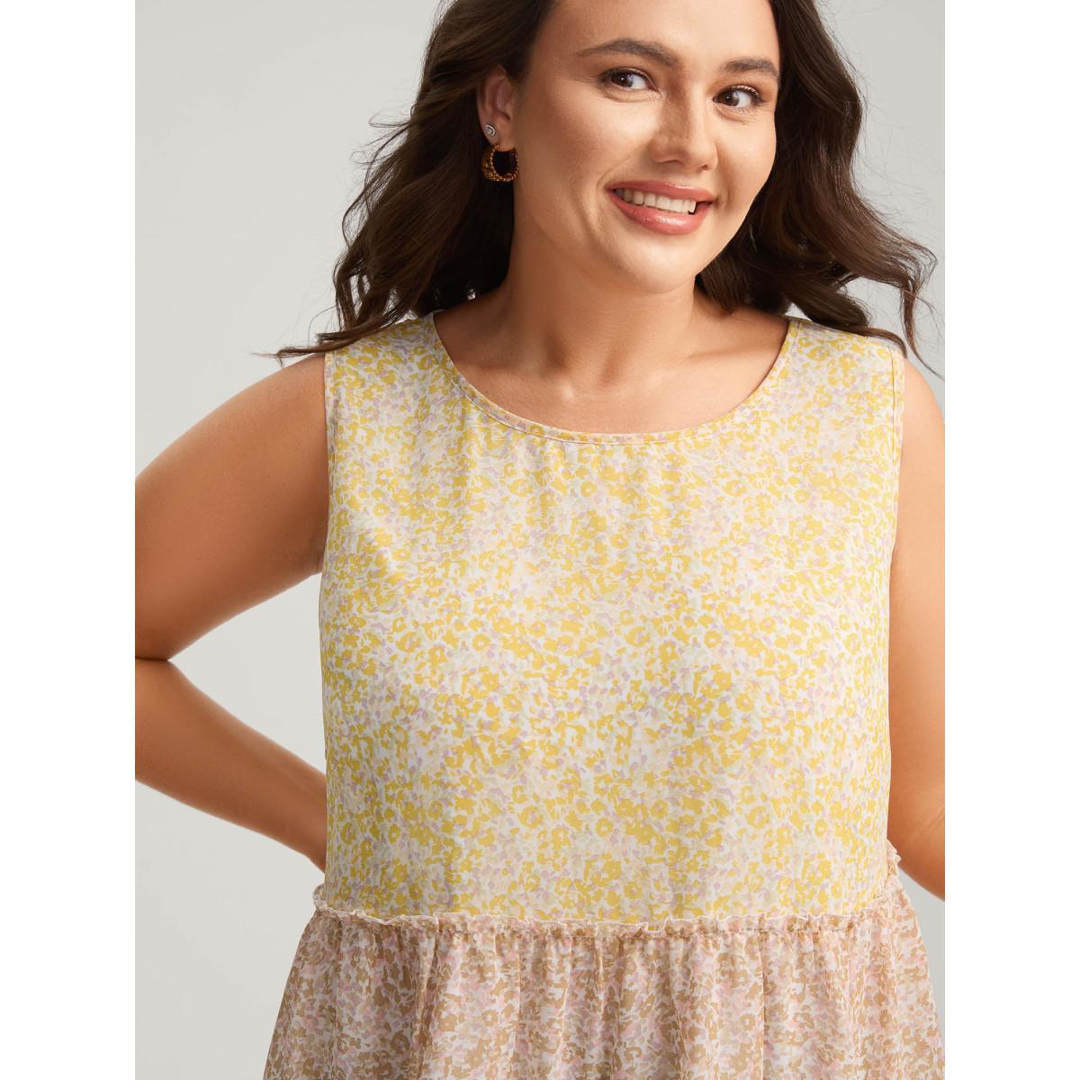 Plus Size Chiffon Color Block Tiered Tank Top Women Multicolor Gathered Round Neck Everyday-Elegant Tank Tops Camis BloomChic 12/L Product Image