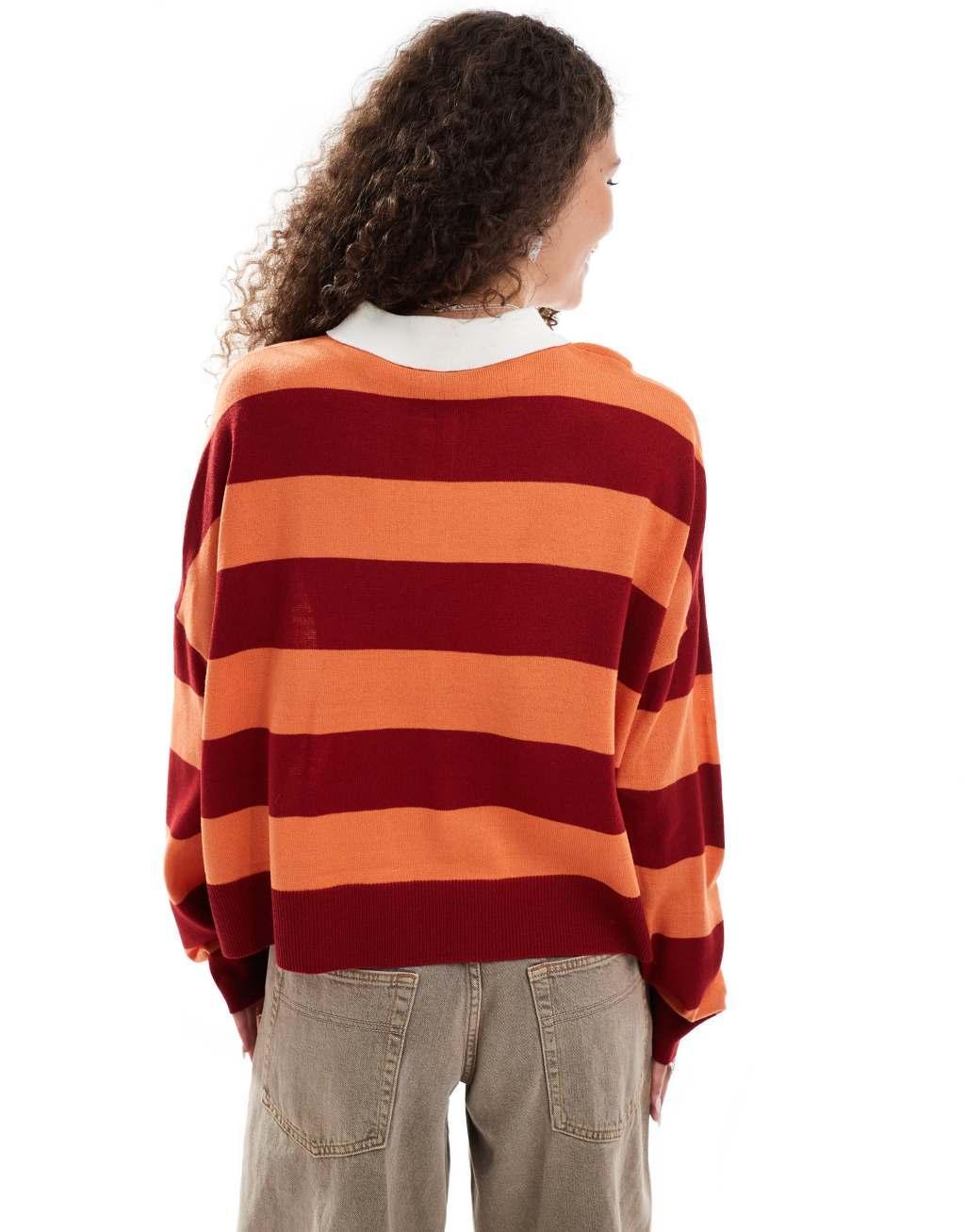 COLLUSION polo stripe sweater with rugby collar in red stripe Product Image