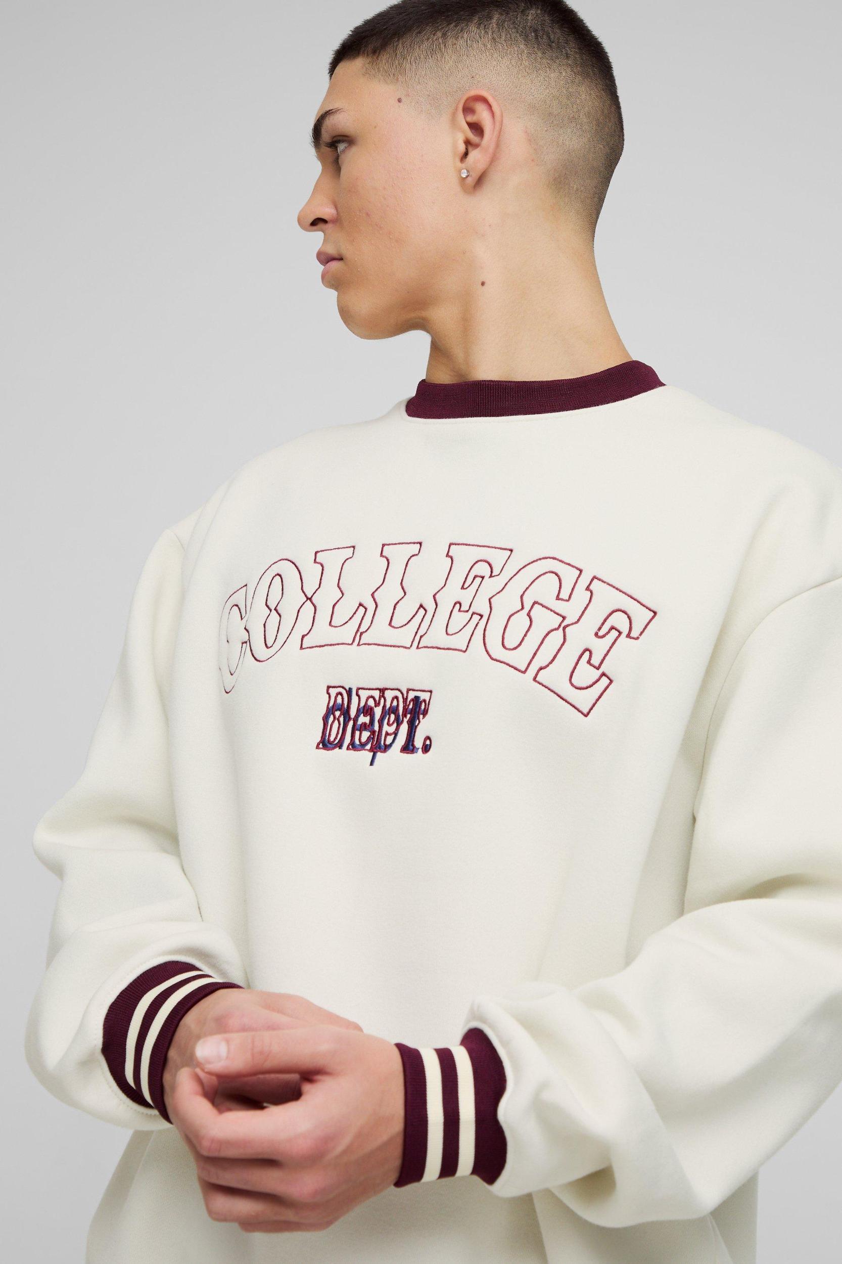 Oversized Slogan Varsity 3D Embroidery Crew Neck Sweatshirt | boohooMAN USA Product Image