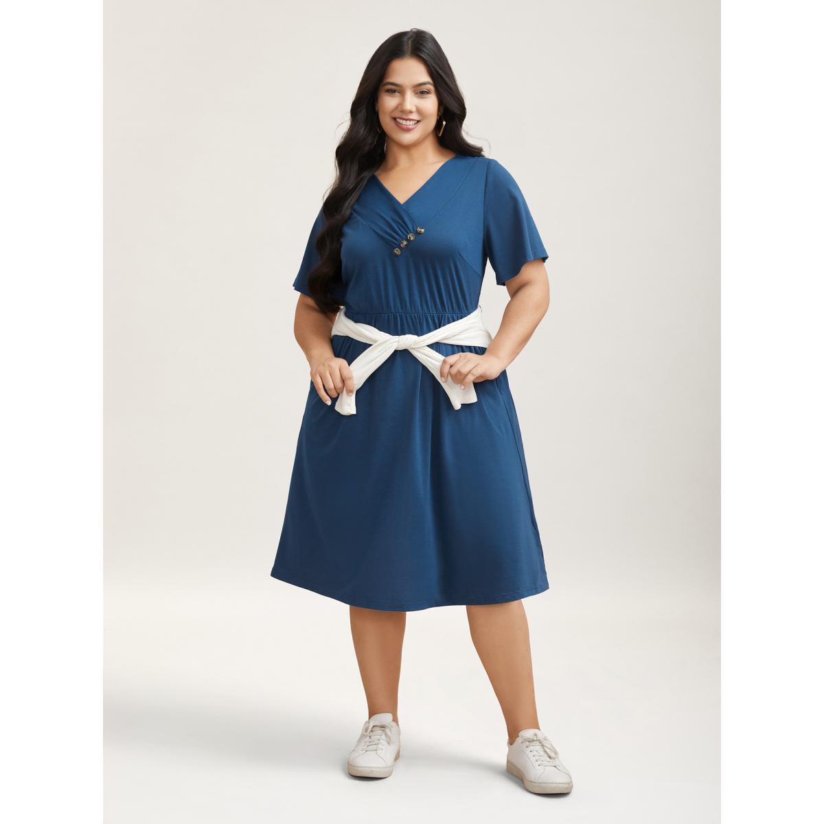 Plus Size Button Detail Pleated Pockets Midi Dress Mediumblue Women Casual Gathered V-neck Short sleeve Curvy BloomChic 30/6X Product Image