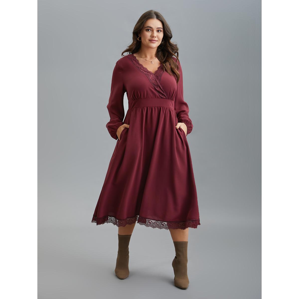 Plus Size Lace Detail Surplice Neckline Midi Dress Burgundy Women Elegant Woven ribbon&lace trim Overlap Collar Long Sleeve Curvy BloomChic 30/6X Product Image