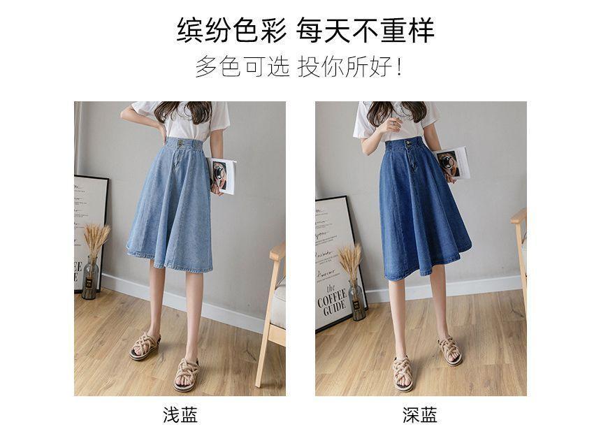 Elastic Waist Washed Button-Fly Midi A-Line Denim Skirt Product Image