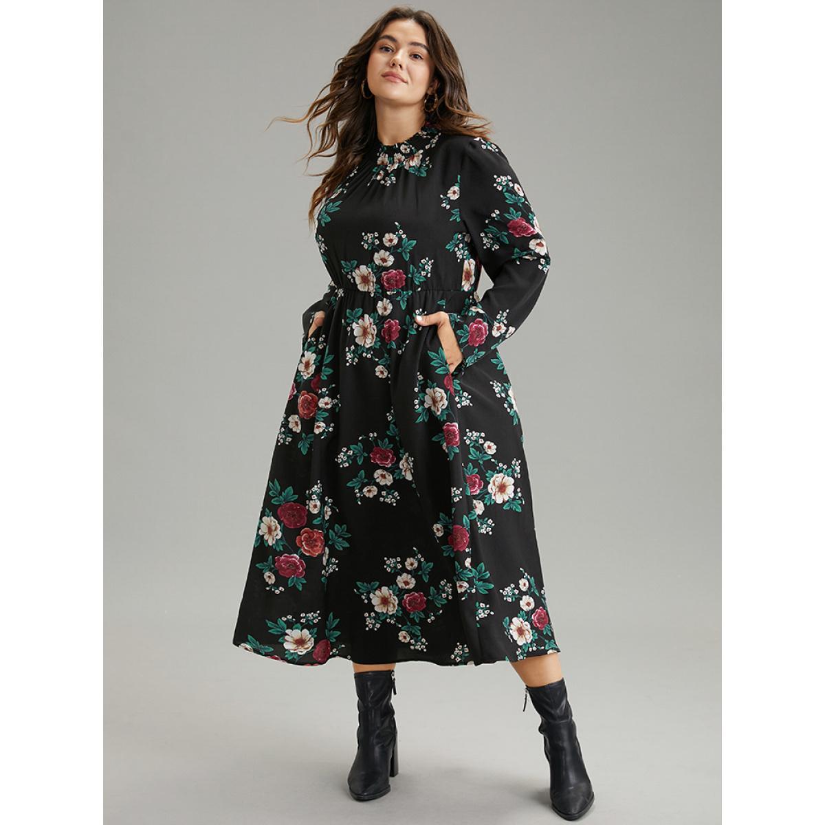 Plus Size Floral Print Shirred Mock Neck Dress Black Women Elegant Printed Mock Neck Long Sleeve Curvy Midi Dress BloomChic 22-24/3X Product Image