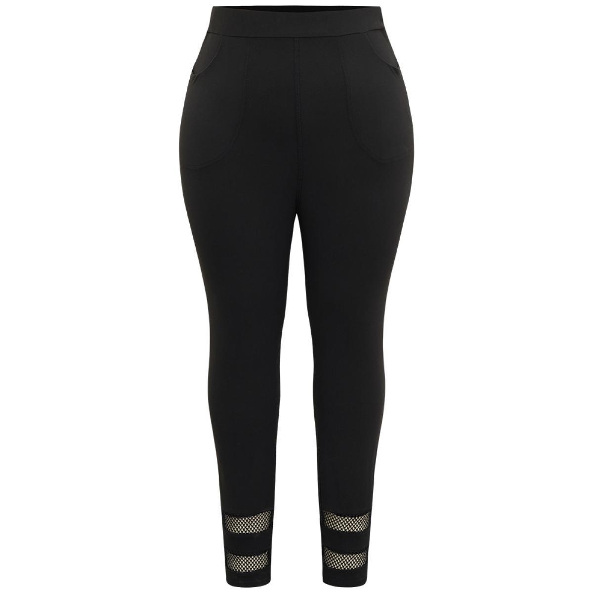 Plus Size Plain Lace Patchwork Cut Out Legging Women Black Casual High stretch Skinny High Rise Dailywear Leggings BloomChic 18-20/2X Product Image