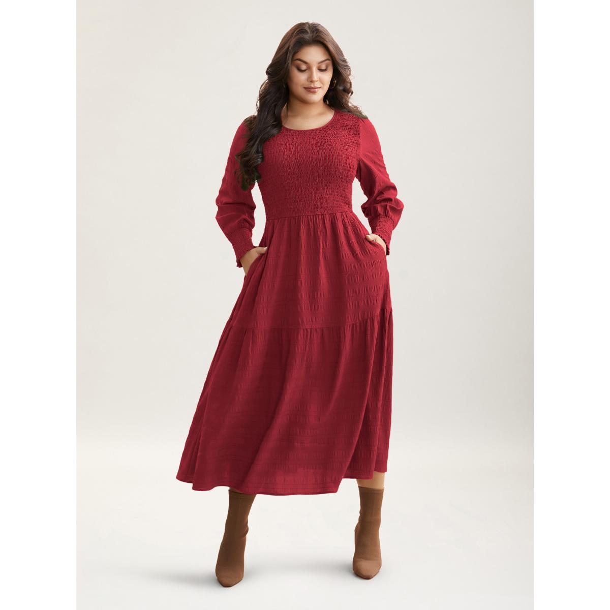 Plus Size Plain Textured Shirred Midi Dress Burgundy Women Elegant Texture Round Neck Long Sleeve Curvy BloomChic 10/M Product Image
