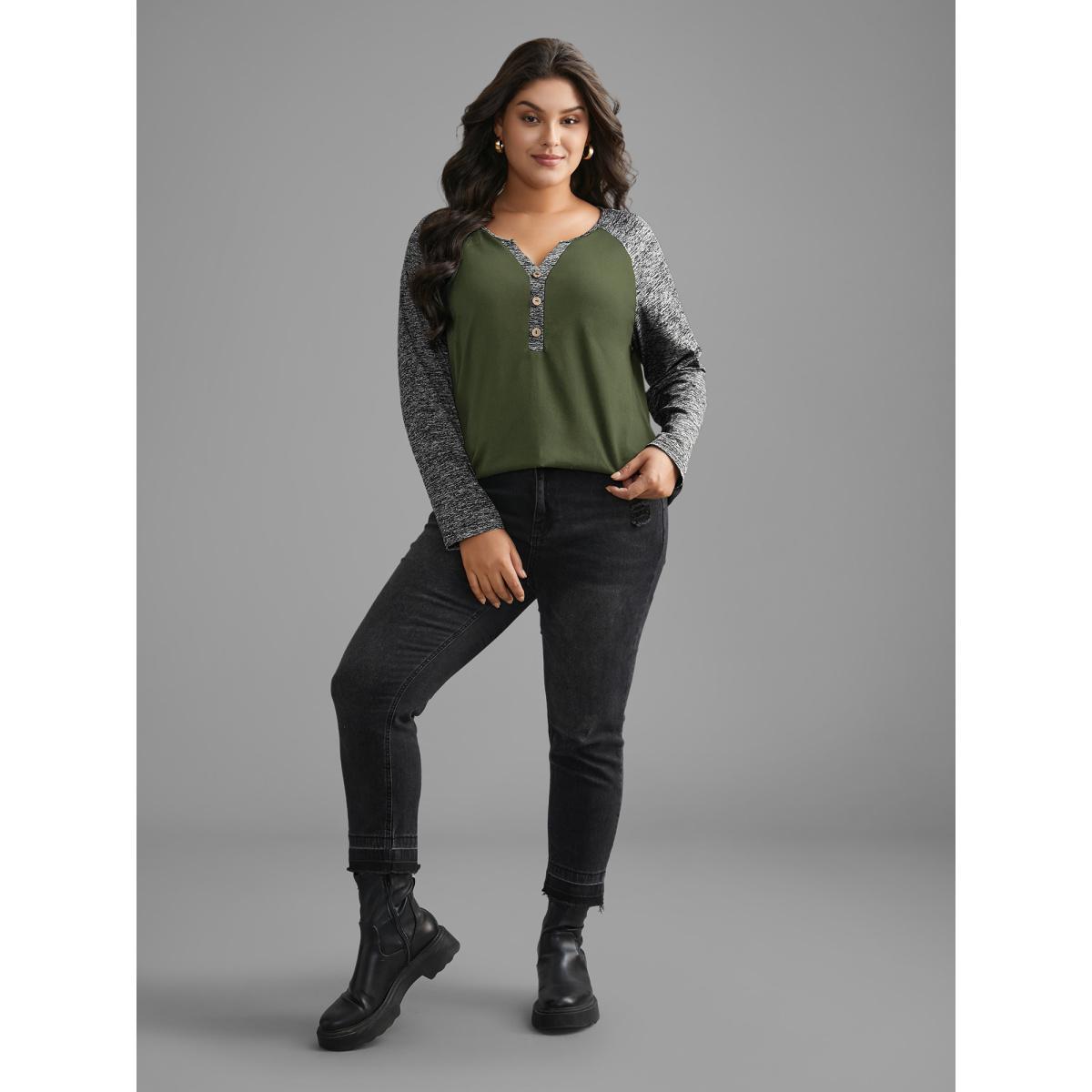 Plus Size Heather Patchwork Button Detail Stretchy T-Shirt ArmyGreen Women Casual Contrast Flat collar with V-notch Everyday T-shirts BloomChic 28/5X Product Image