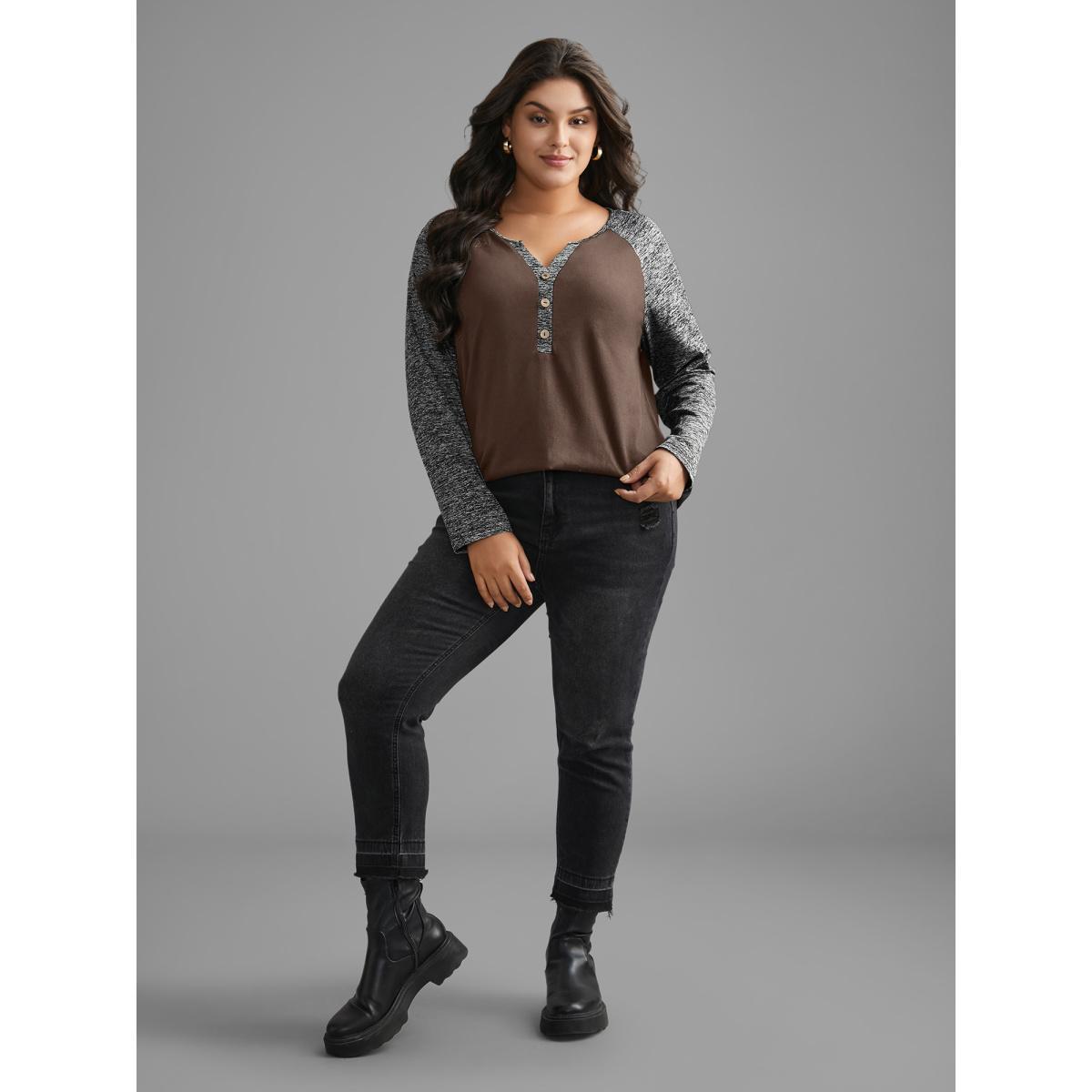 Plus Size Heather Patchwork Button Detail Stretchy T-Shirt DarkBrown Women Casual Contrast Flat collar with V-notch Everyday T-shirts BloomChic 26/4X Product Image