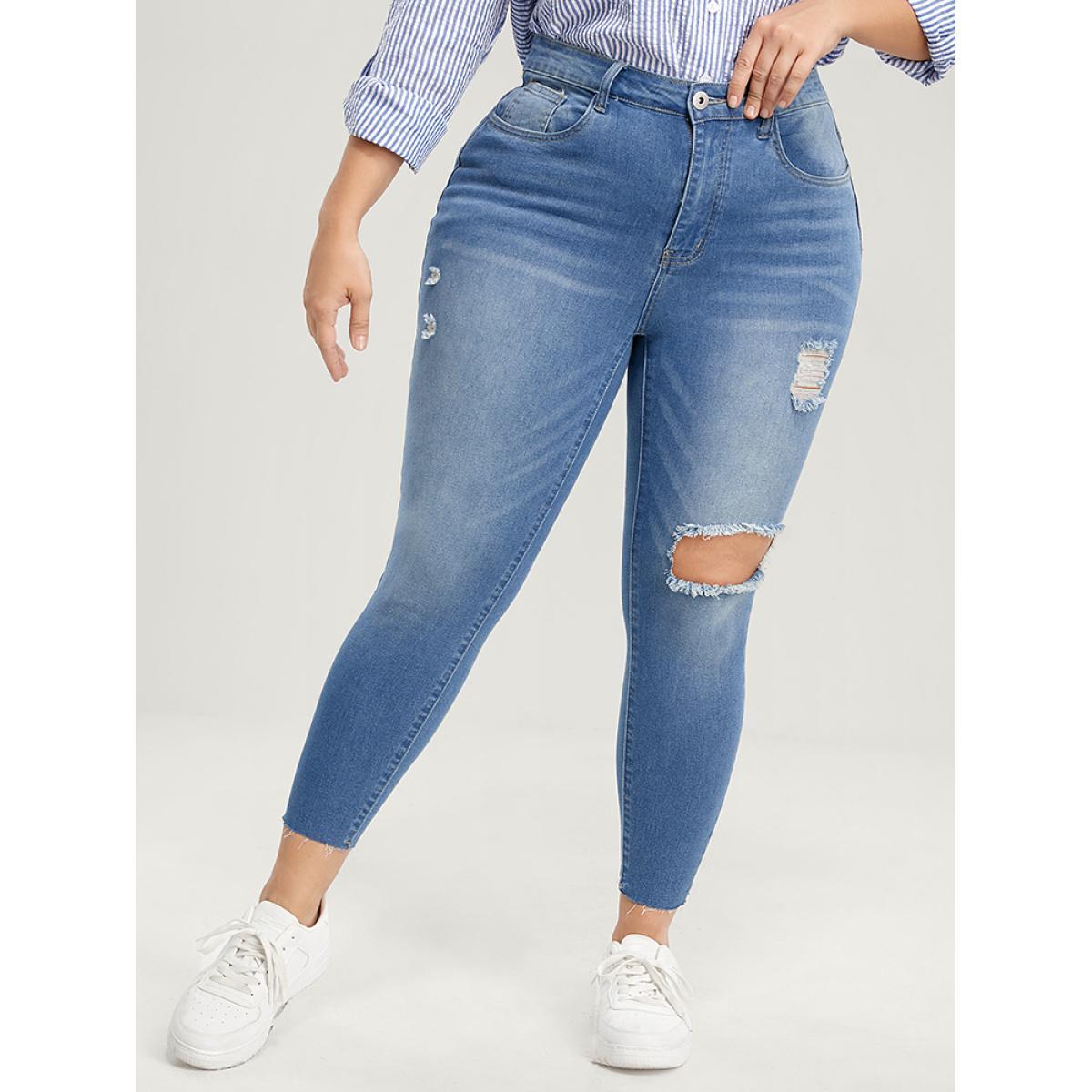 Plus Size Skinny Very Stretchy High Rise Medium Wash Distressed Jeans Women LightBlue Casual Plain High stretch Pocket Jeans BloomChic 16/1X Product Image