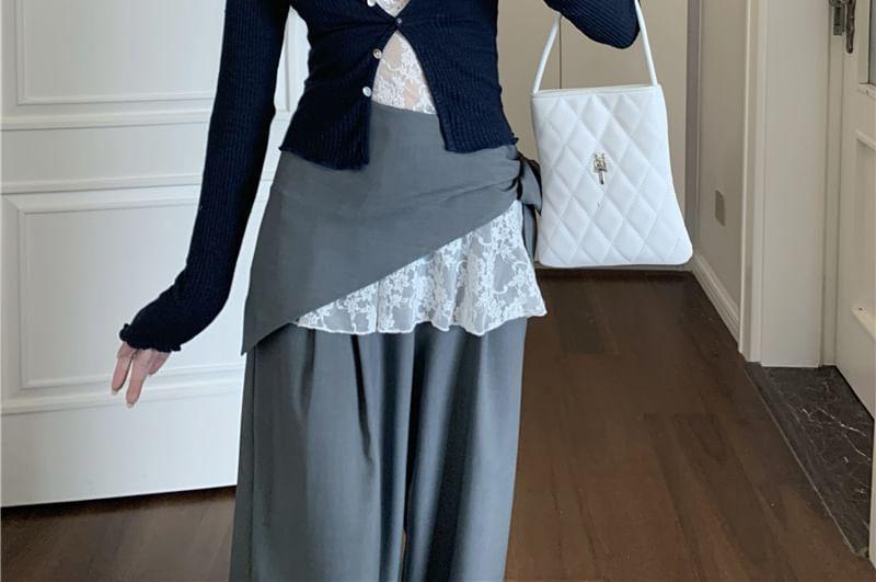 Halter-Neck V-Neck Lace Top / High Waist Wide Leg Pants / V-Neck Button-Up Cardigan Product Image