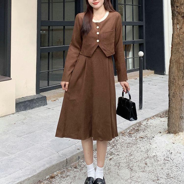 Set: Spaghetti Strap Plain Corduroy Midi A-Line Dress + Round Neck Contrast Trim Button Jacket Product Image