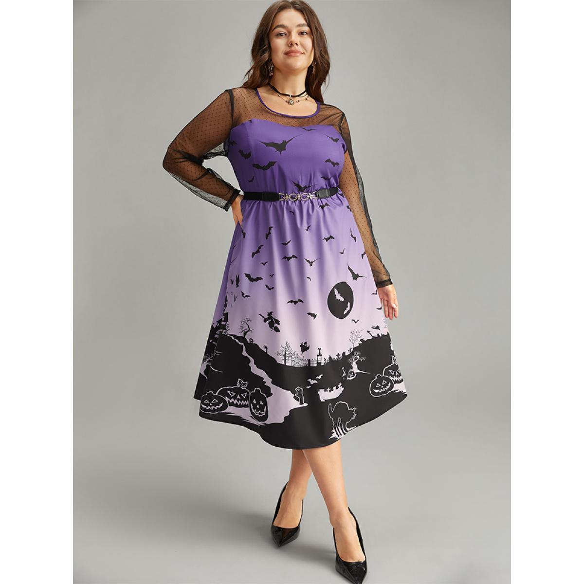 Plus Size Halloween Graphic Pocket Mesh Patchwork Dress Purple Women Elegant See through Round Neck Long Sleeve Curvy Midi Dress BloomChic 22-24/3X Product Image