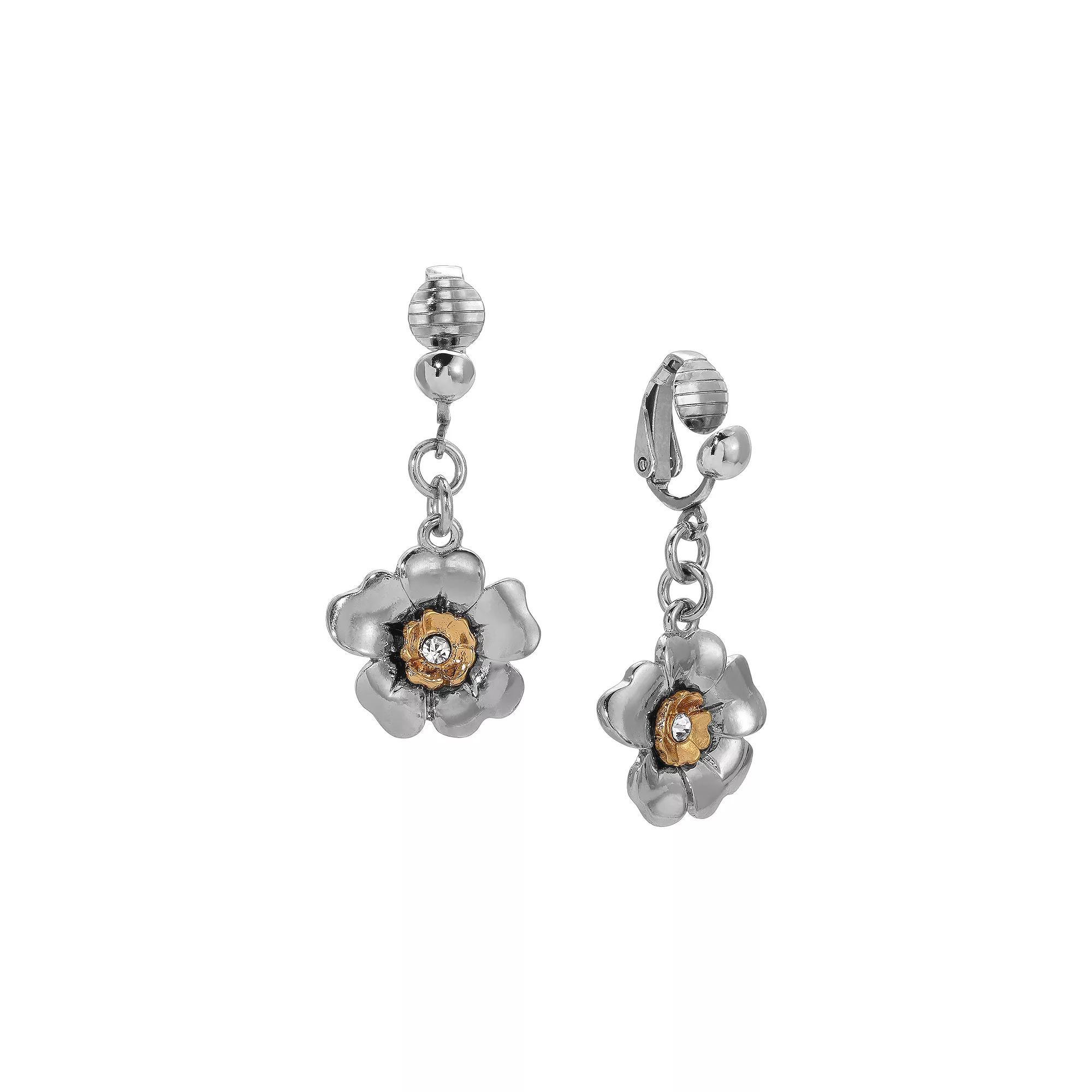 1928 Two Tone Crystal Center Flower Clip-On Earrings, Womens, Yellow Product Image