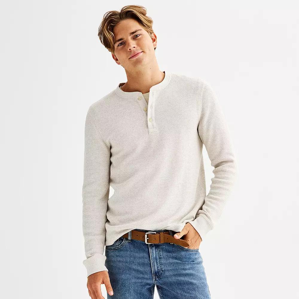 Men's Sonoma Goods For Life® Long Sleeve Waffle Henley Tee, Size: Small, Ivory Grey Product Image
