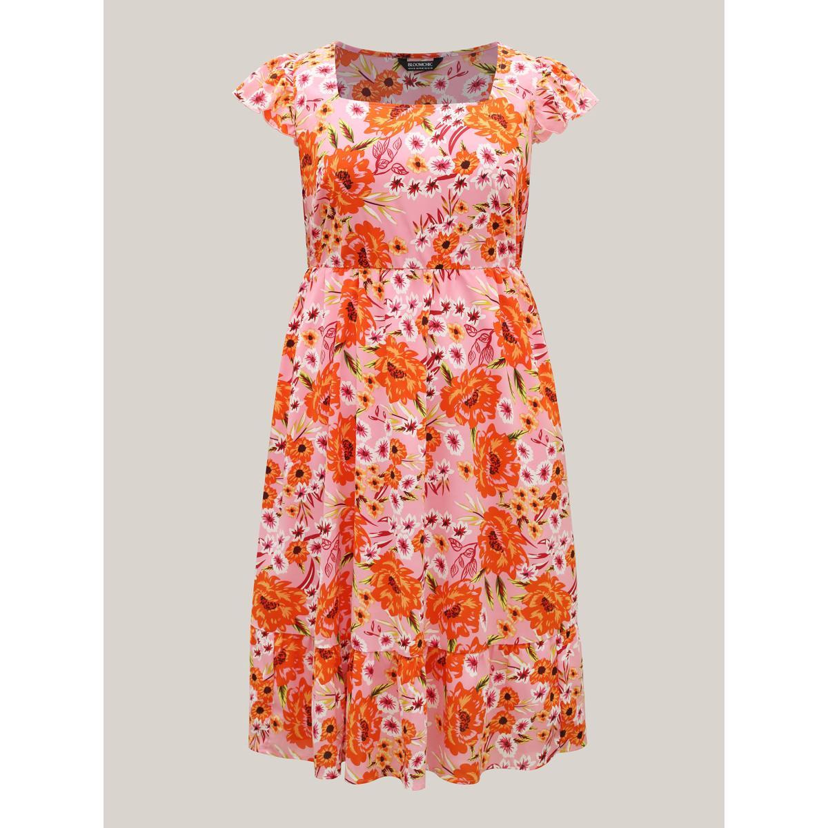 Plus Size Floral Print Flutter Sleeve Tiered Midi Dress Blush Women Square Neck Cap Sleeve Curvy BloomChic 22-24/3X Product Image