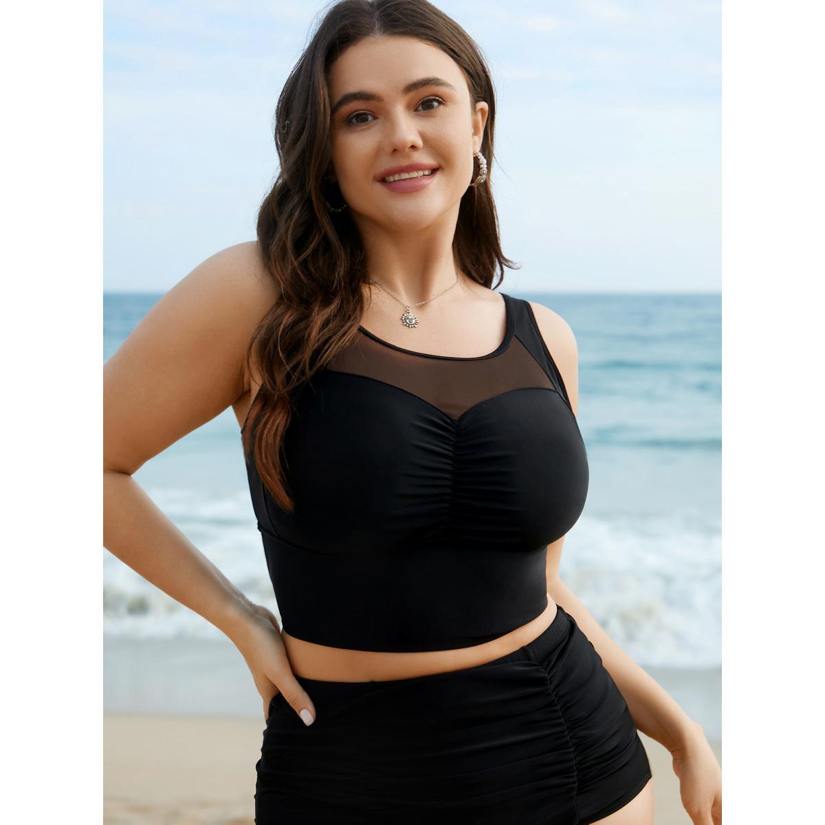 Plus Size Sheer Sweetheart Neckline Adjustable Swim Top Women's Swimwear Black Beach Gathered High stretch Skinny U-neck Curve Swim Tops BloomChic 10/M Product Image