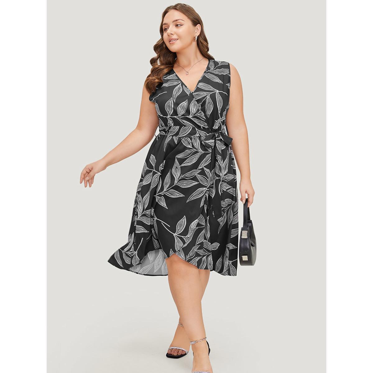 Plus Size Plants Print Overlap Collar Belted Tank Dress Black Women Office Wrap V-neck Sleeveless Curvy Knee Dress BloomChic 10/M Product Image