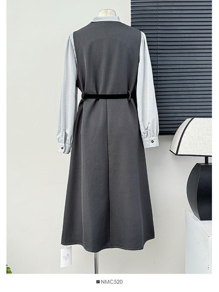 Set: Tie-Neck Loose Blouse + Sleeveless A-Line Dress Product Image