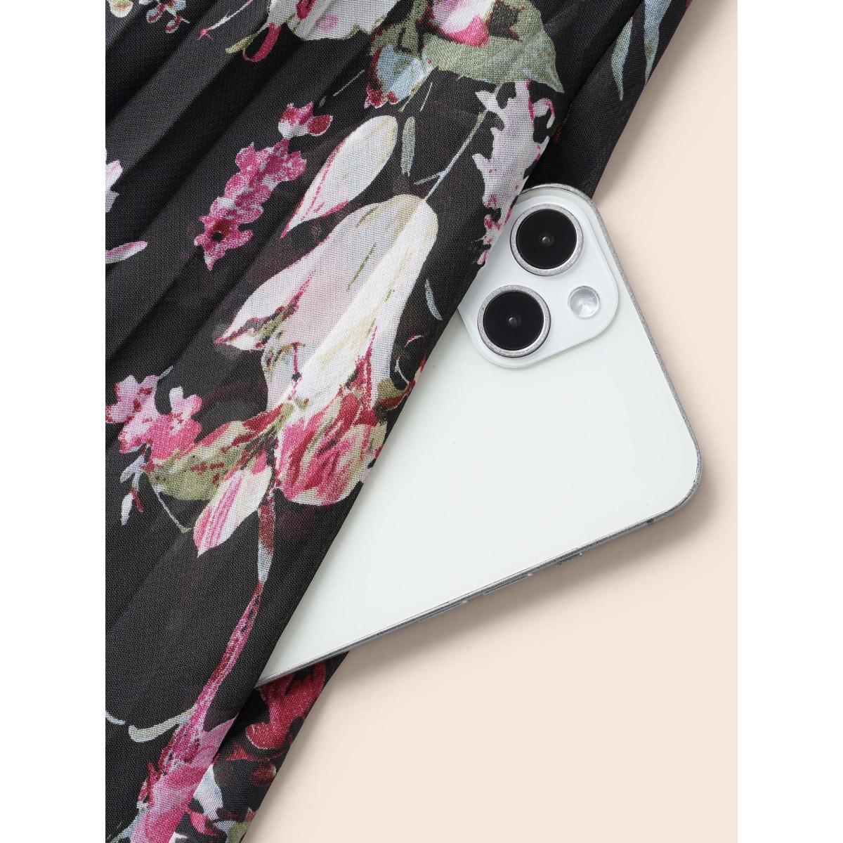 Plus Size Black Chiffon Floral Pleated Pocket Blouse Women Elegant Long Sleeve Flat collar with V-notch Everyday Blouses BloomChic 28/5X Product Image