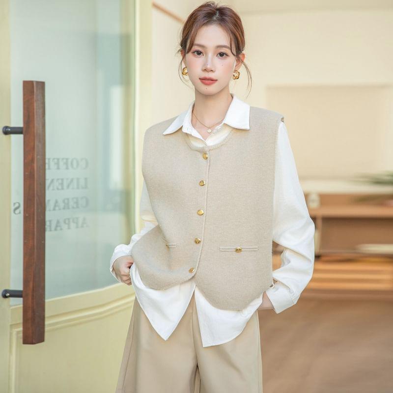 Crew Neck Plain Button Sweater Vest / Long-Sleeve Collared Plain Button Up Shirt Product Image