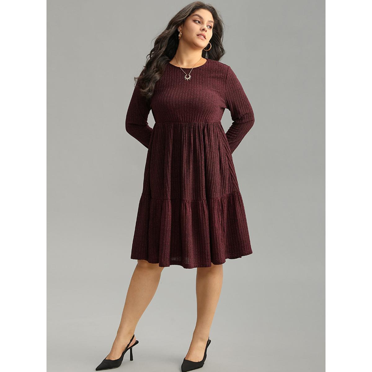 Plus Size Rib Knit Round Neck Ruffle Layered Hem Dress Raspberry Women Casual Texture Round Neck Long Sleeve Curvy Knee Dress BloomChic 10/M Product Image