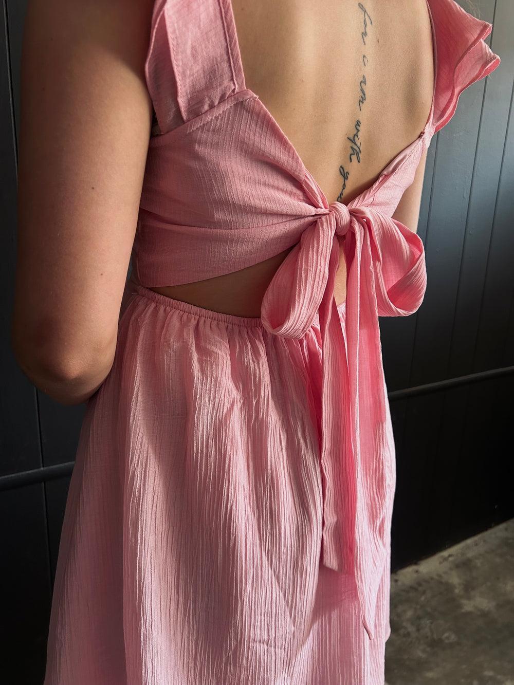 Pink Ruffled Sleeve Back Tie Mini Dress Product Image