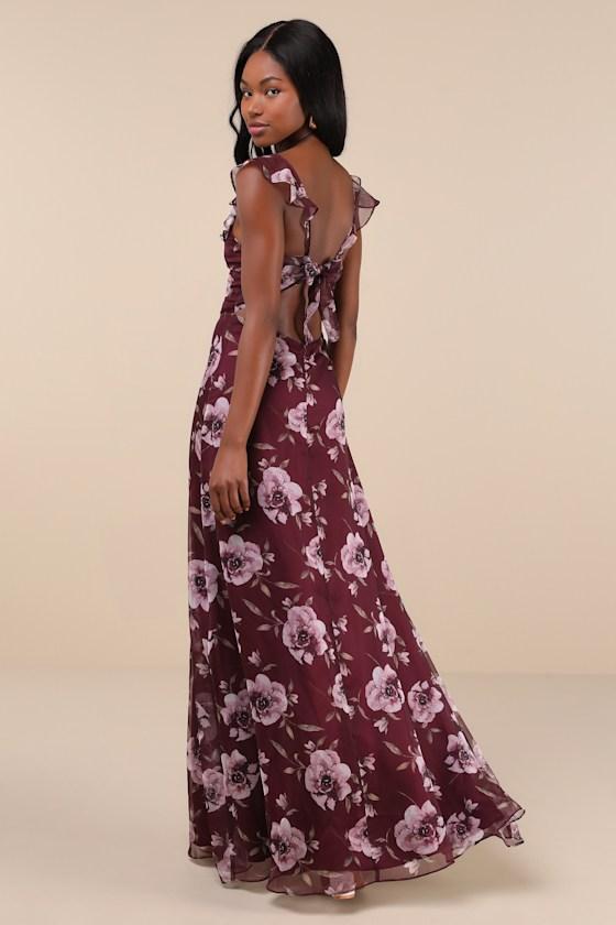 Sweetest Entrance Plum Purple Floral Ruffled Tie-Back Maxi Dress Product Image