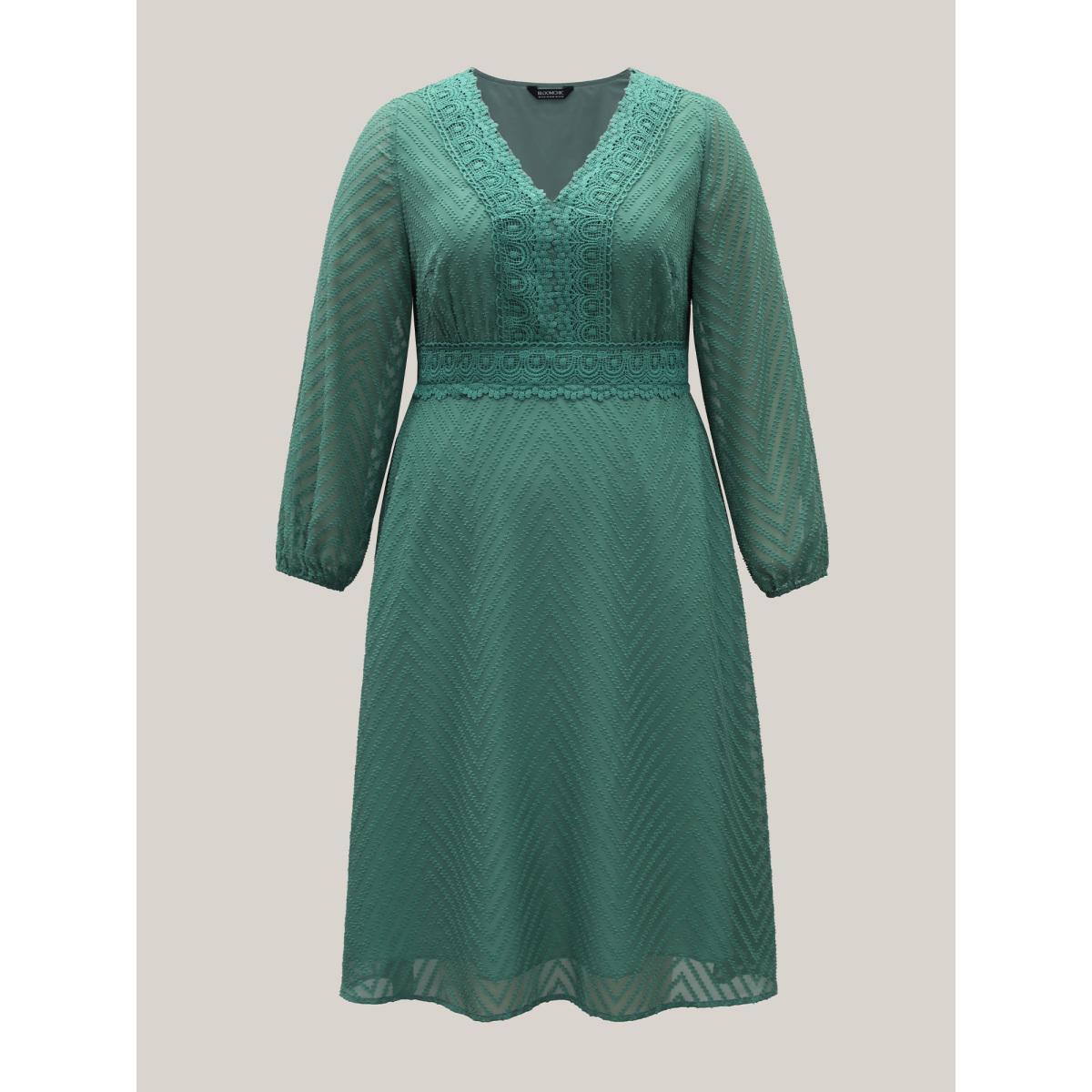 Plus Size Sheer Textured Lace Detail Pockets Midi Dress Teal Women Elegant Woven ribbon&lace trim V-neck Long Sleeve Curvy BloomChic 26/4X Product Image
