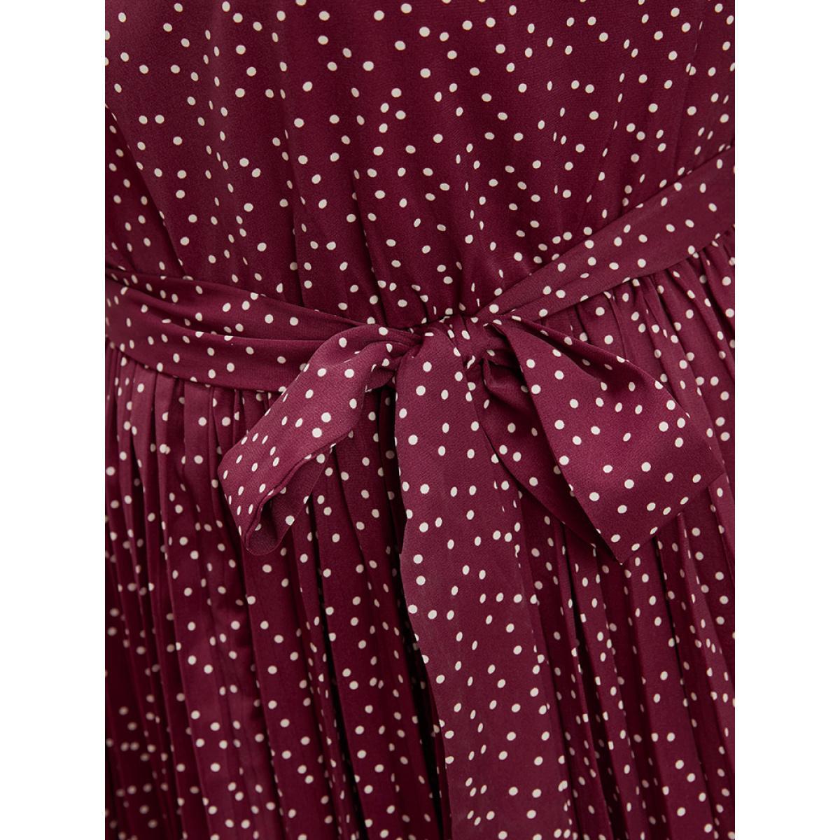 Plus Size Polka Dot Lantern Sleeve Pocket Belted Pleated Dress Purple Women Elegant Gathered Round Neck Long Sleeve Curvy Long Dress BloomChic 30/6X Product Image