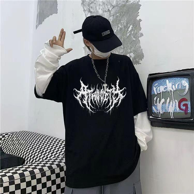 Long Sleeve Crew Neck Printed Mock Two-Piece T-Shirt Product Image
