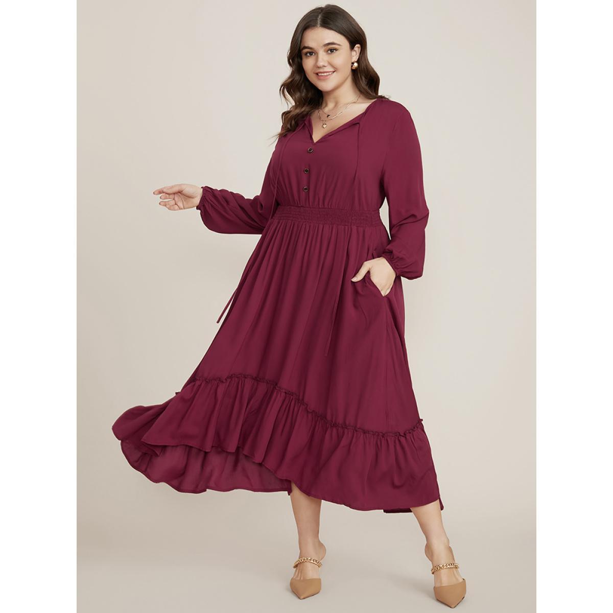 Plus Size Solid Pocket Button Detail Tie Neck Shirred Ruffles Dress Burgundy Women Elegant Pocket V-neck Long Sleeve Curvy Midi Dress BloomChic 30/6X Product Image