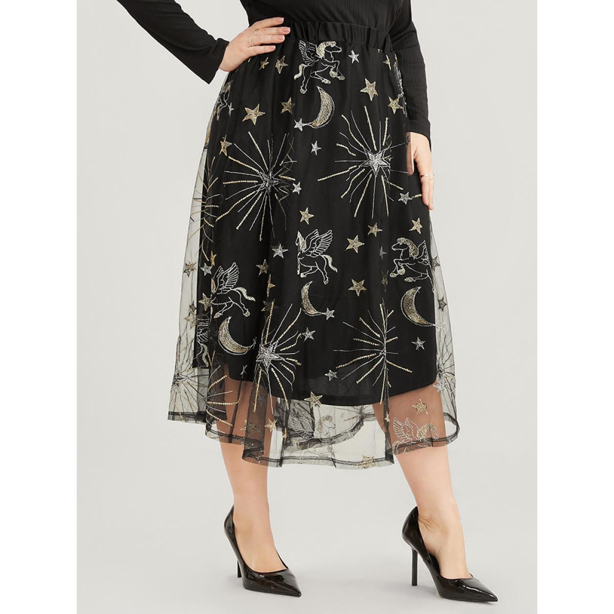Plus Size Moon And Star Embroidered Mesh Elastic Waist Skirt Women Black Glamour Embroidered No stretch Going out Skirts BloomChic 22-24/3X Product Image
