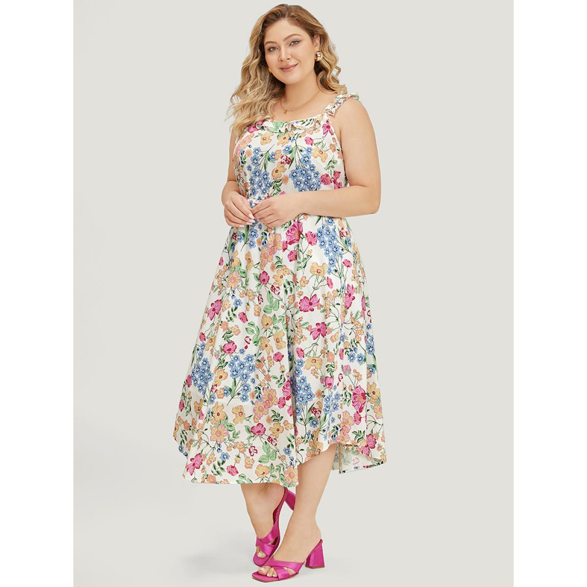 Plus Size Floral Arc Hem Pocket Square Neck Ruffle Trim Cami Dress Multicolor Women Elegant Arc Hem Square Neck Sleeveless Curvy Midi Dress BloomChic 30/6X Product Image