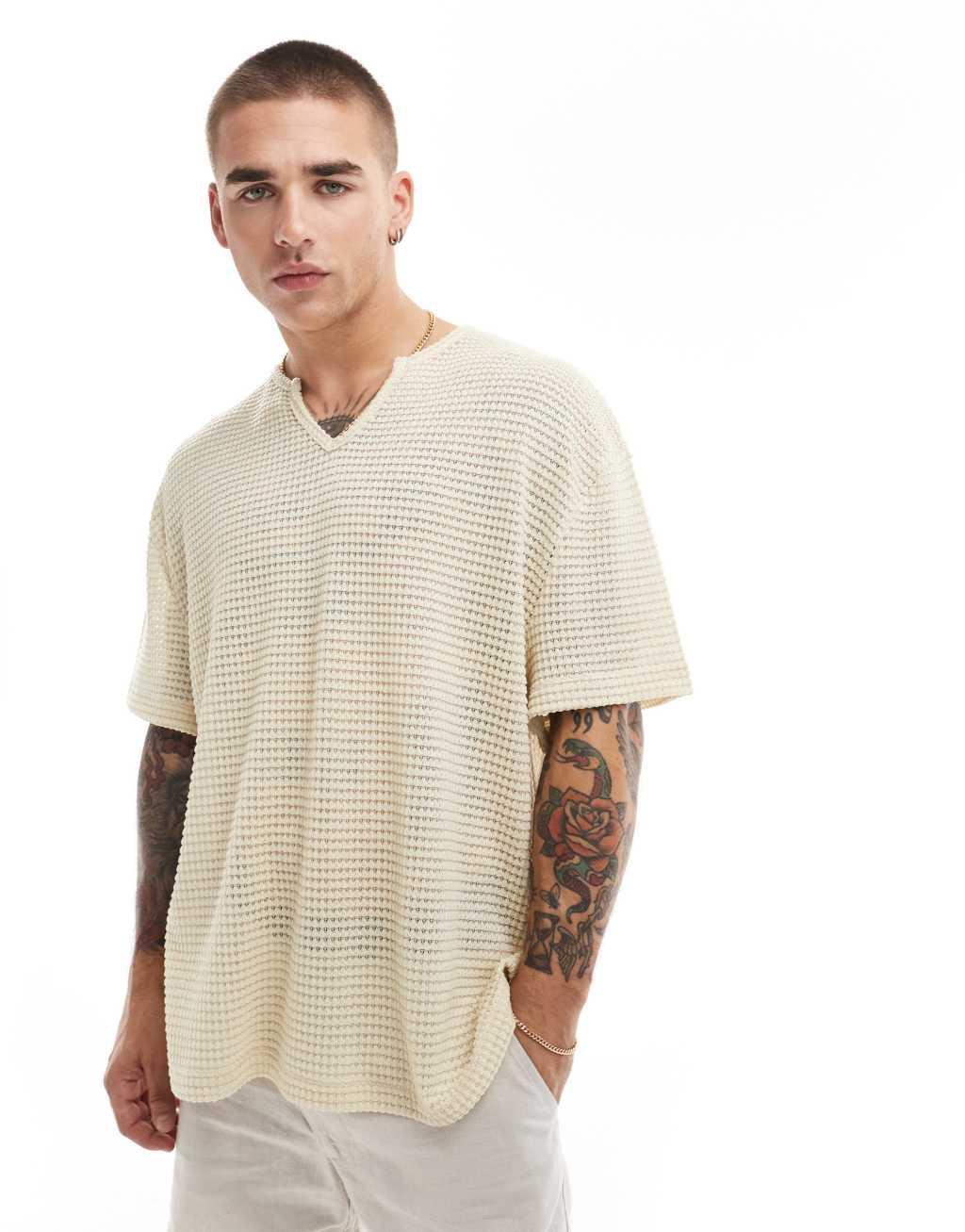 ASOS DESIGN oversized T-shirt with notch neck in beige crochet Product Image