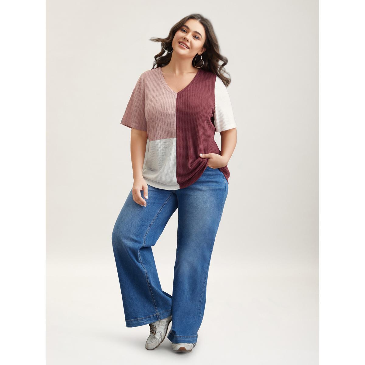Plus Size Color Block V-Neck Relaxed Fit T-Shirt Burgundy Women Casual Texture V-neck Everyday T-shirts BloomChic 30/6X Product Image