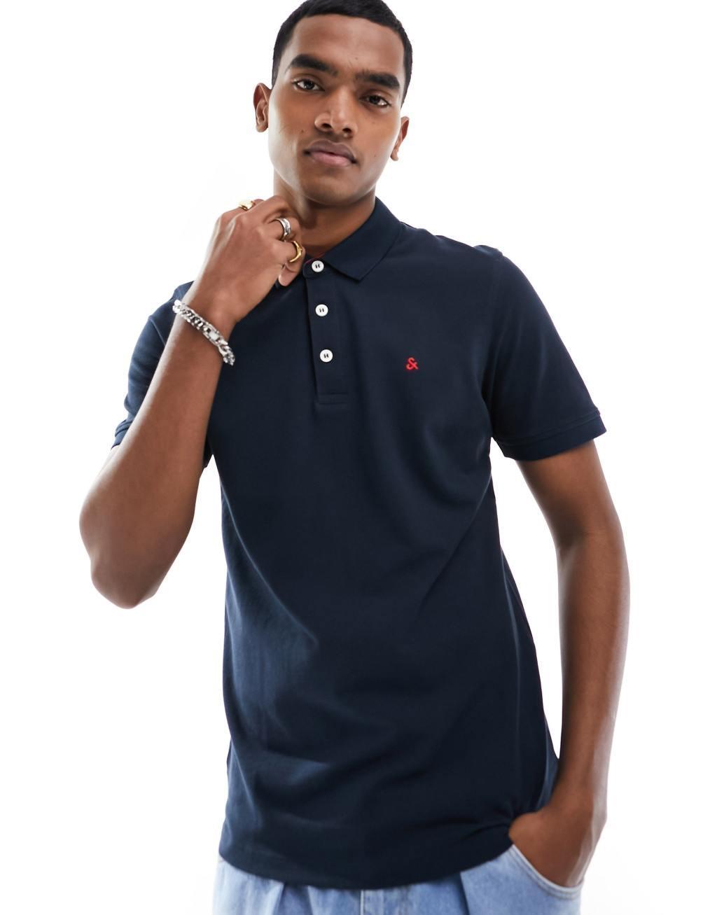 Jack & Jones Essentials slim fit tipped pique logo polo navy  Product Image