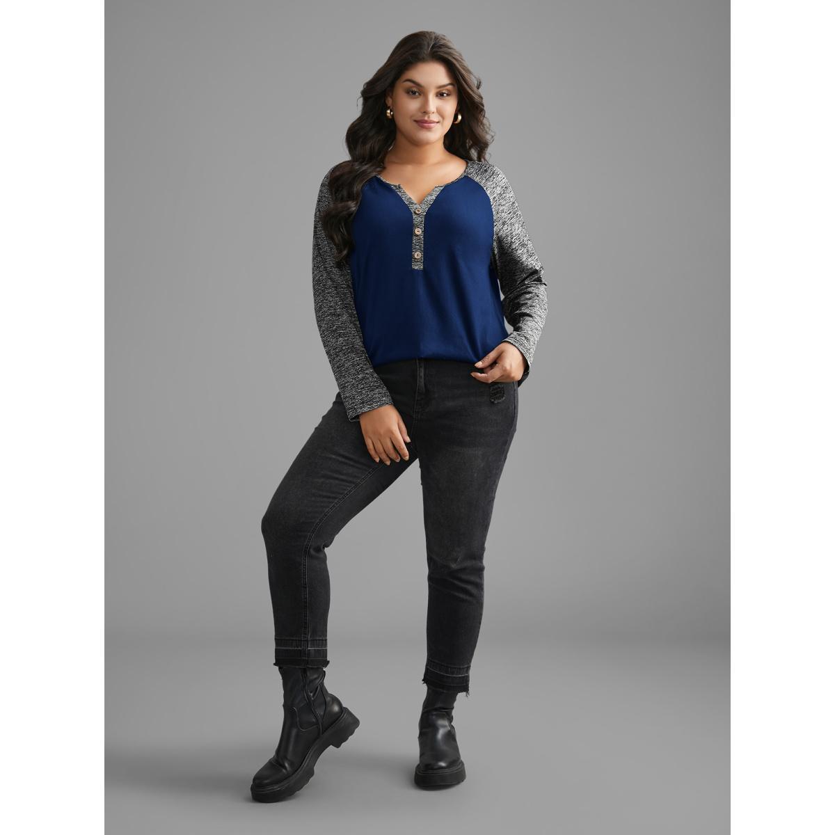 Plus Size Heather Patchwork Button Detail Stretchy T-Shirt DarkBlue Women Casual Contrast Flat collar with V-notch Everyday T-shirts BloomChic 14-16/1X Product Image