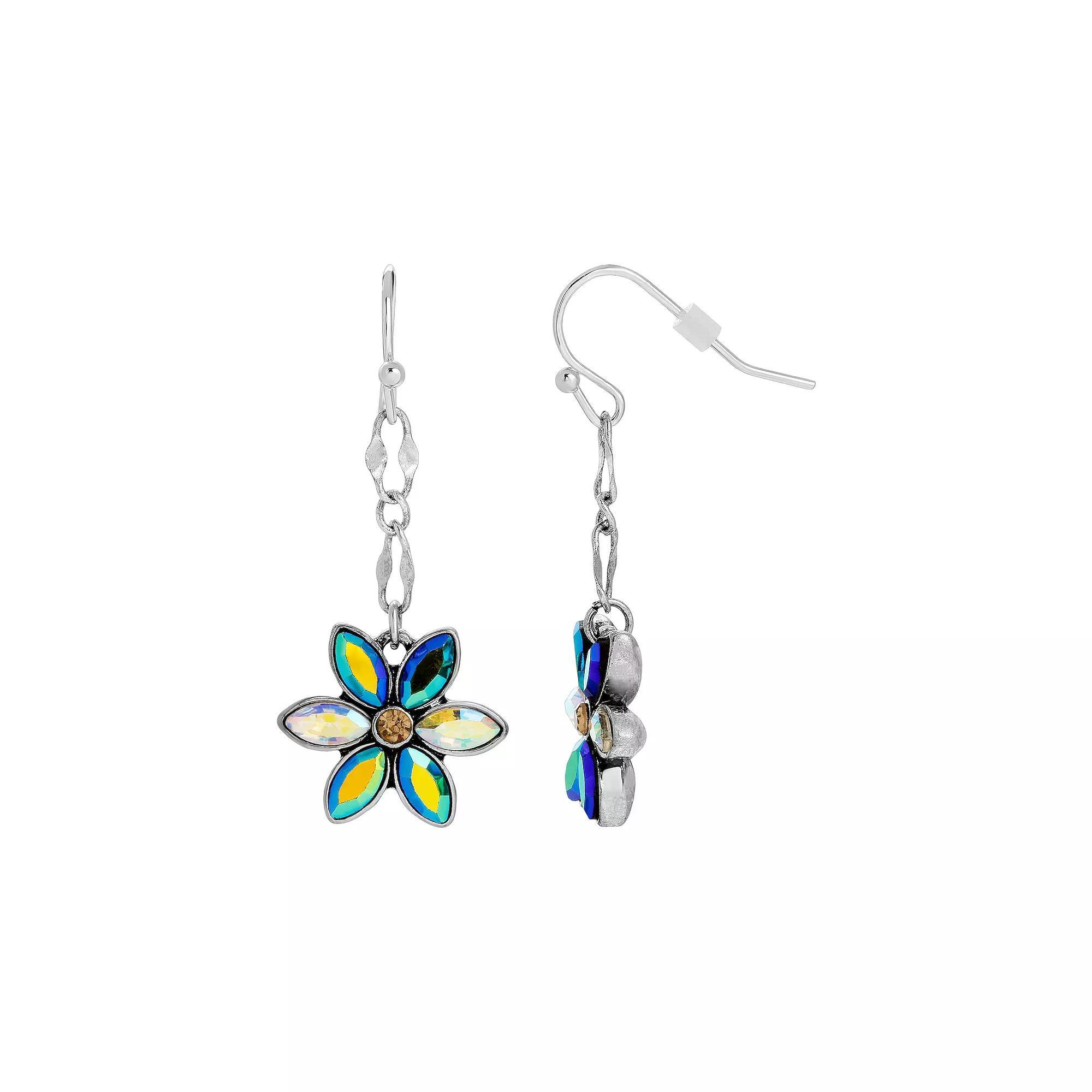1928 Silver Tone Aurora Borealis Crystal Flower Earrings, Womens, Multi Product Image