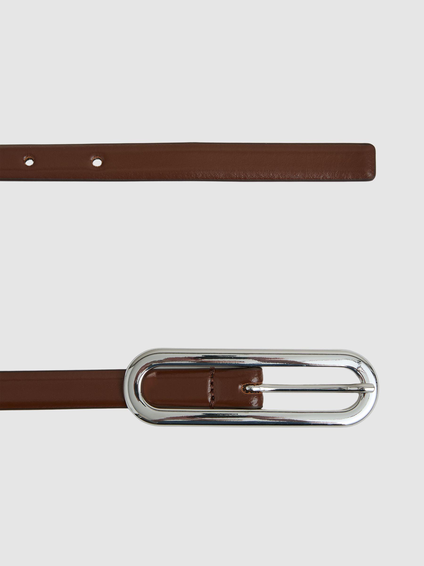 Thin Leather Elongated Buckle Belt in Tan Product Image