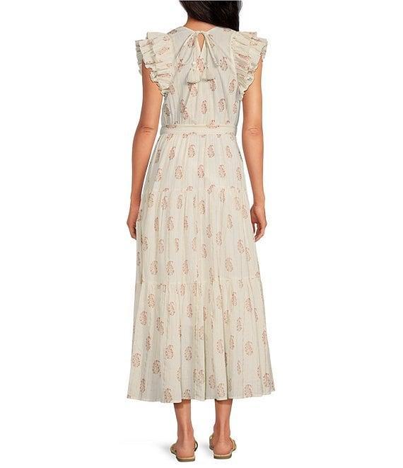 A Loves A Floral Metallic Striped Print Surplice V-Neck Short Ruffled Sleeve Tiered Maxi Dress Product Image