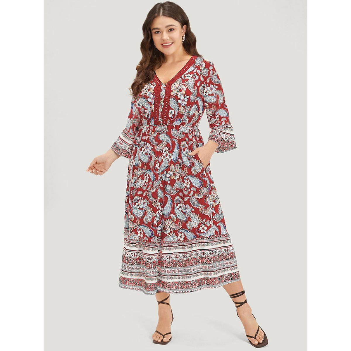 Plus Size Floral & Paisley Print Elastic Waist Button Detail Dress Crimson Women Vacation Printed V-neck Elbow-length sleeve Curvy Midi Dress BloomChic 30/6X Product Image