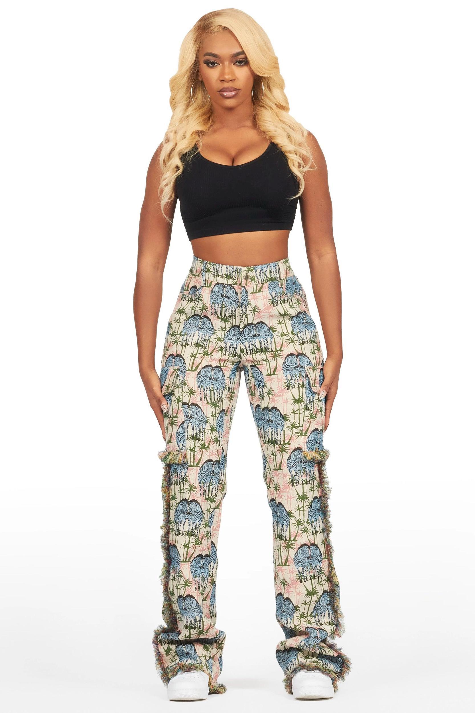 Zeontee Pink Animal Print Cargo Tapestry Stacked Pant Female Product Image