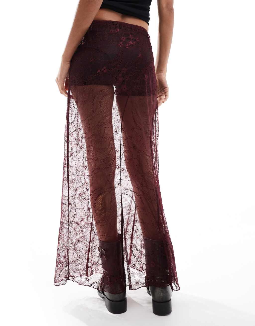 ASOS DESIGN lace seam detail maxi skirt in burgundy Product Image