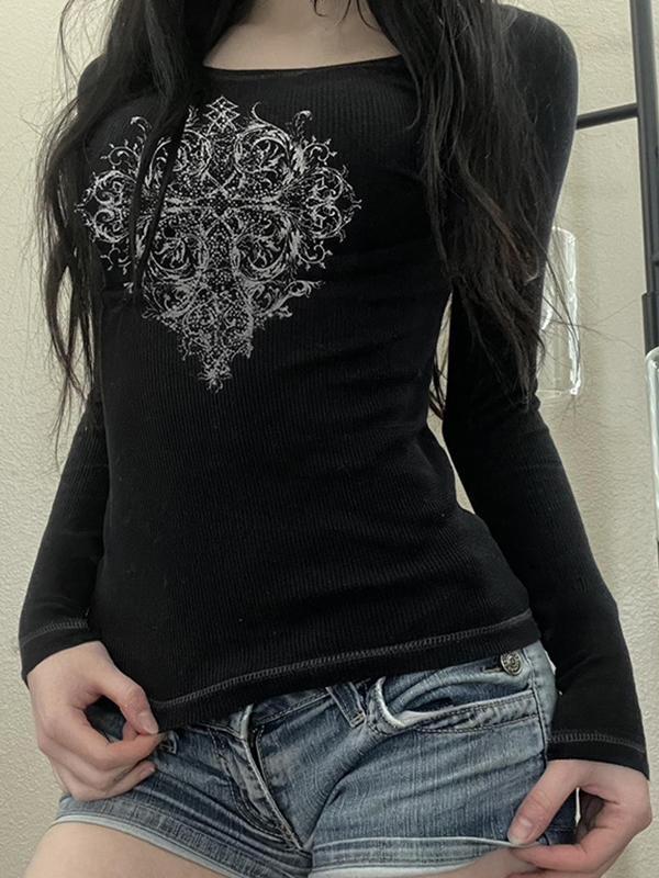 Dark Graphic Print Long Sleeves Tee Product Image