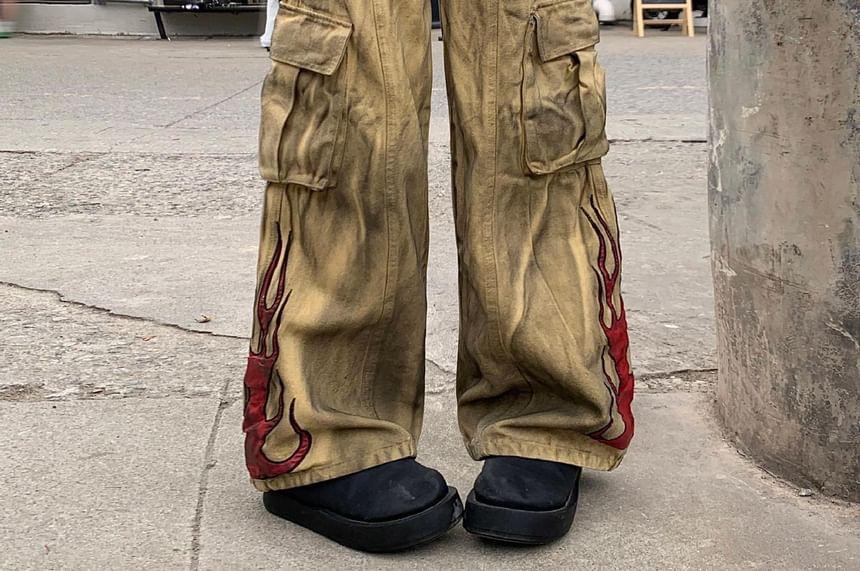 Mid Waist Flame Print Washed Wide Leg Cargo Jeans Product Image
