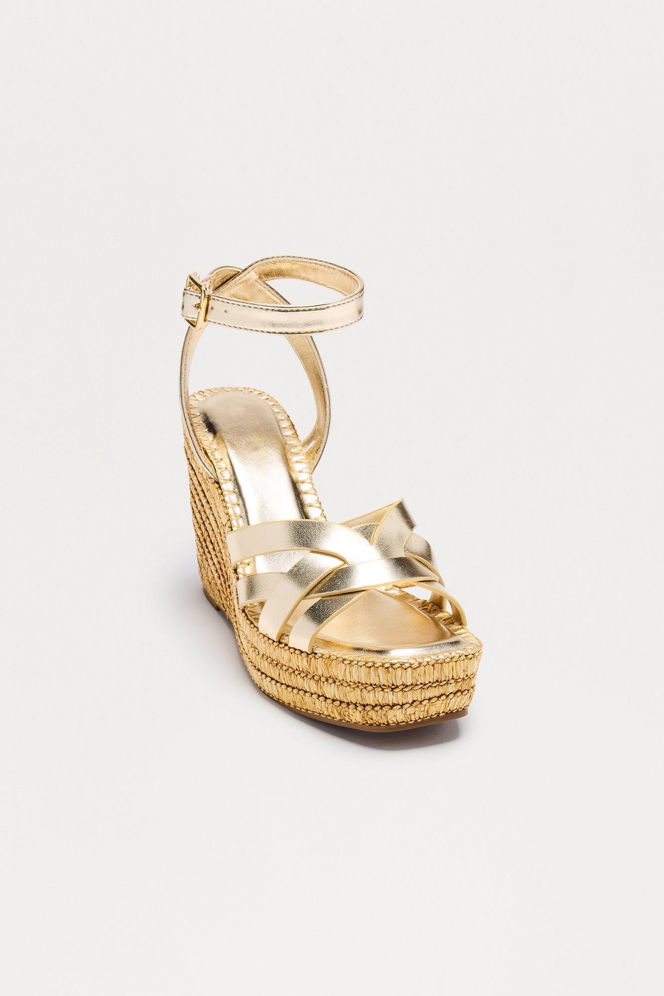 Lottie Raffia Ankle Strap Platform Wedges - Gold Product Image