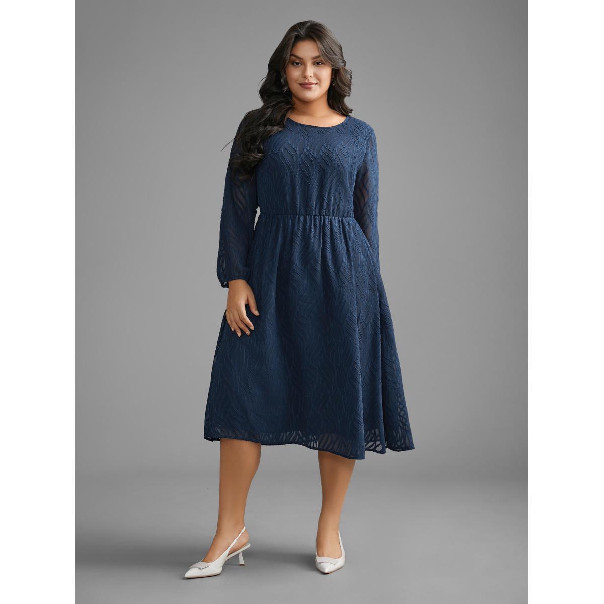 Plus Size Textured Chiffon Lantern Sleeve Midi Dress DarkBlue Women At the Office Texture Round Neck Long Sleeve Curvy BloomChic 26/4X Product Image