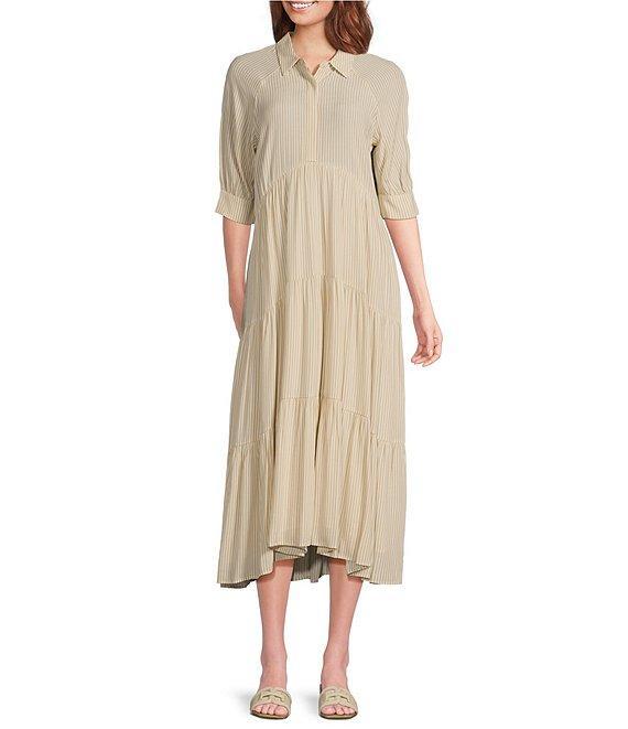 A Loves A Pinstripe Print Button Point Collar 3/4 Blouson Cuff Sleeve Tiered Waistless Midi Shirt Dress Product Image