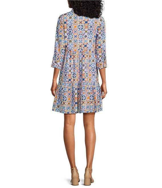 Intro Woven Tile Print Point Collar 3/4 Roll-Tab Sleeve Tiered Button-Front Shirt Dress Product Image
